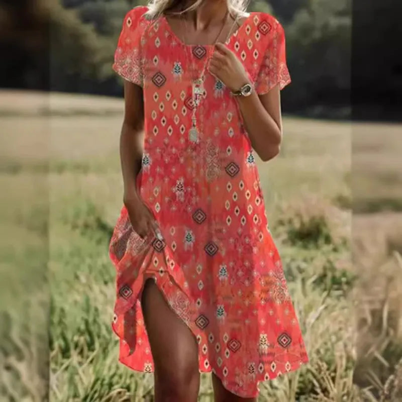 Lässiges Sommerkleid Damen - Kurze Ärmel & Subtiler Allover-Print