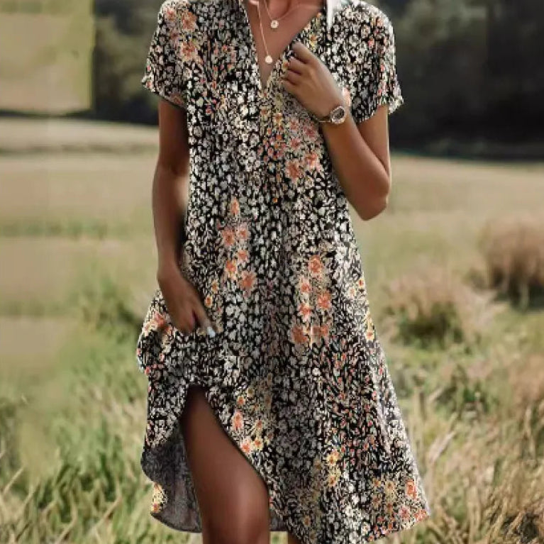 Lässiges Sommerkleid Damen - Kurze Ärmel & Subtiler Allover-Print