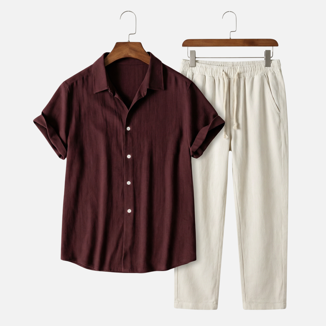 Set leggero e casual in lino da uomo con abbottonatura e tasche