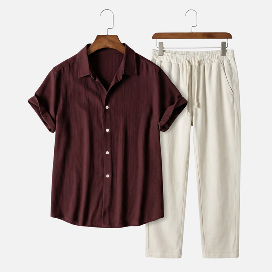 Set leggero e casual in lino da uomo con abbottonatura e tasche