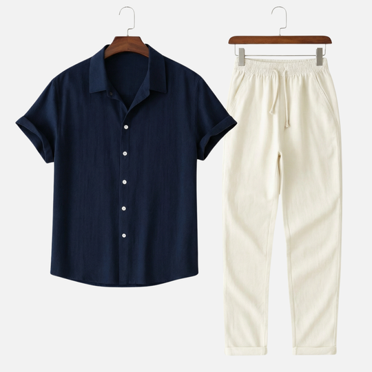 Set leggero e casual in lino da uomo con abbottonatura e tasche