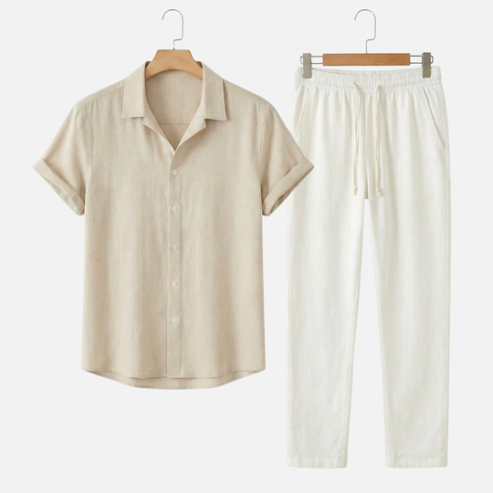 Set leggero e casual in lino da uomo con abbottonatura e tasche