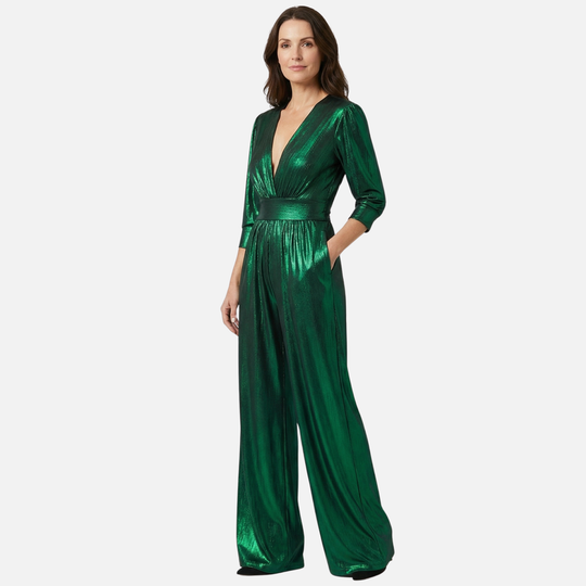 Tuta con gamba larga, finitura lucida e scollo a V da donna