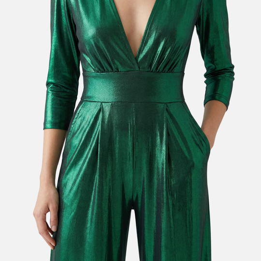 Tuta con gamba larga, finitura lucida e scollo a V da donna