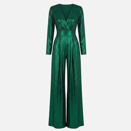 Tuta con gamba larga, finitura lucida e scollo a V da donna