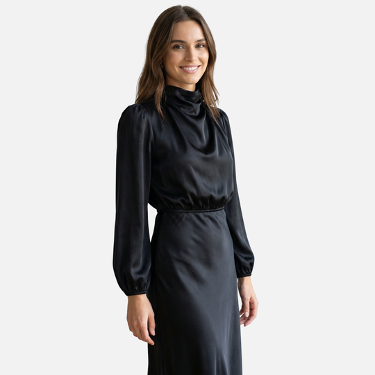 Rochie midi cu mâneci lungi și talie înaltă din țesătură pentru femei