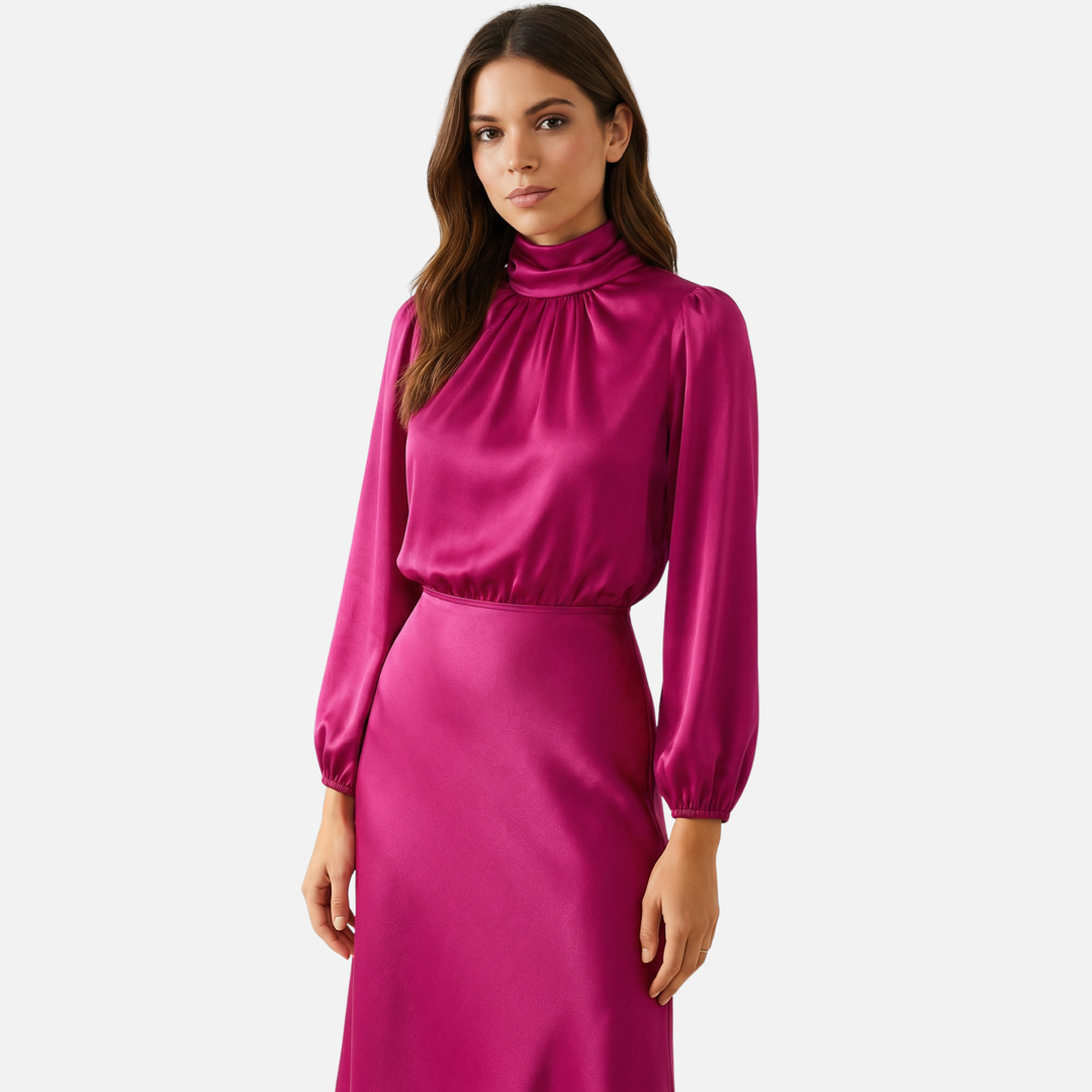 Rochie midi cu mâneci lungi și talie înaltă din țesătură pentru femei