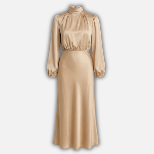 Rochie midi cu mâneci lungi și talie înaltă din țesătură pentru femei