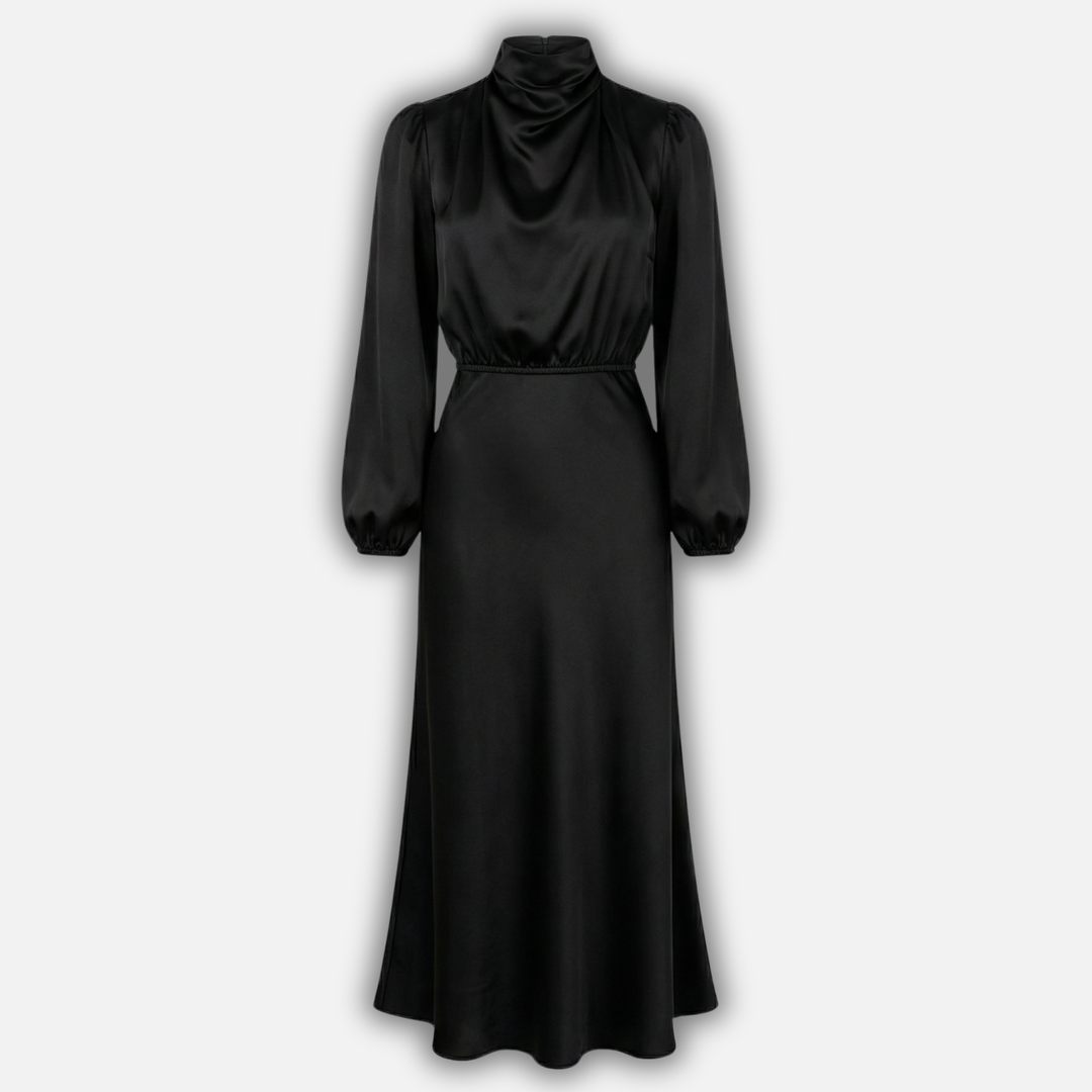 Rochie midi cu mâneci lungi și talie înaltă din țesătură pentru femei