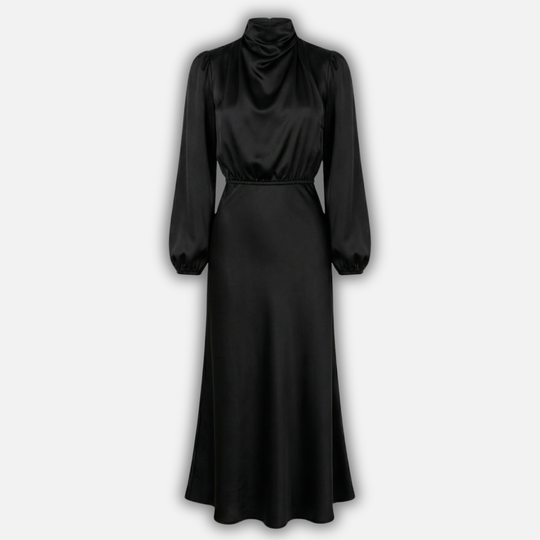 Rochie midi cu mâneci lungi și talie înaltă din țesătură pentru femei