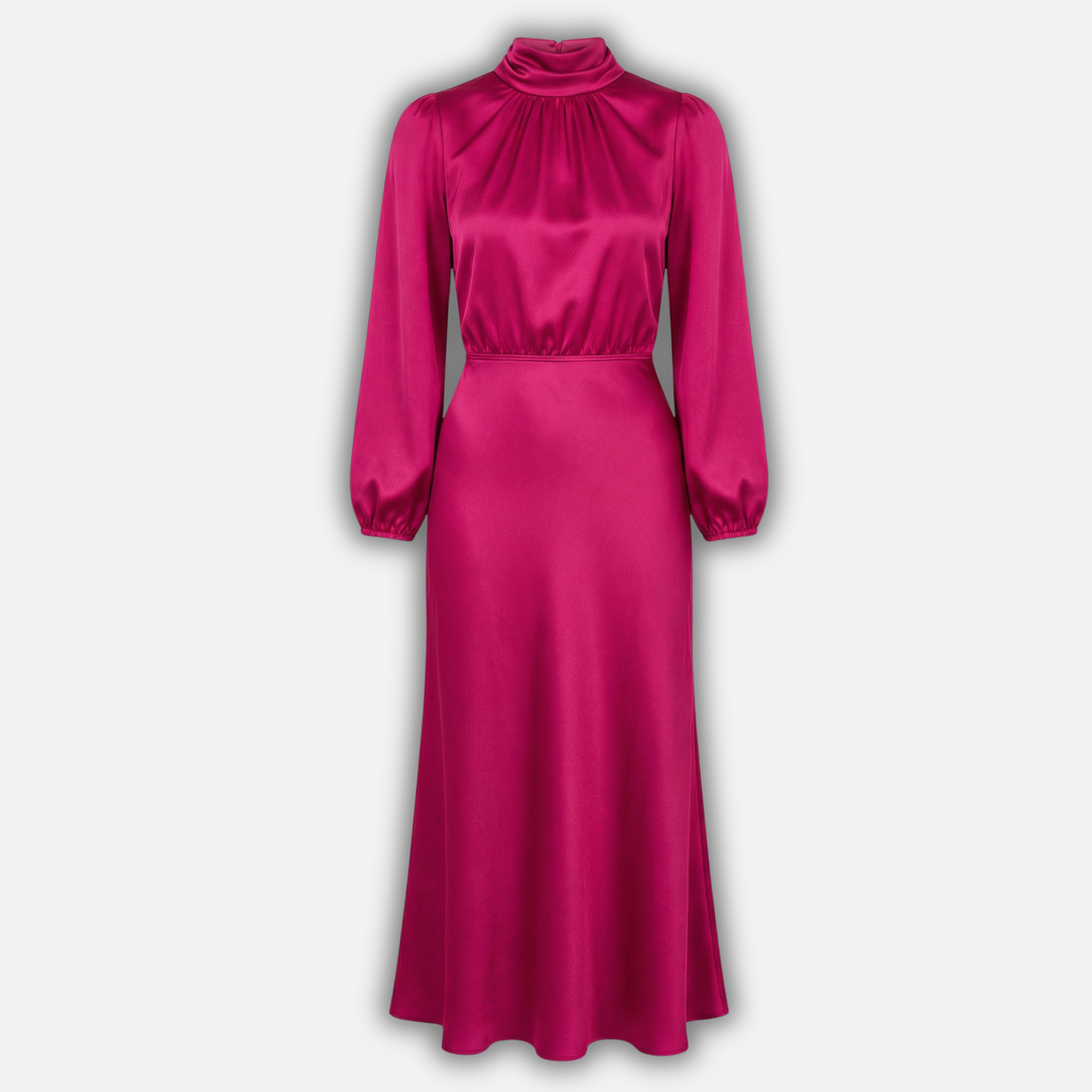 Rochie midi cu mâneci lungi și talie înaltă din țesătură pentru femei