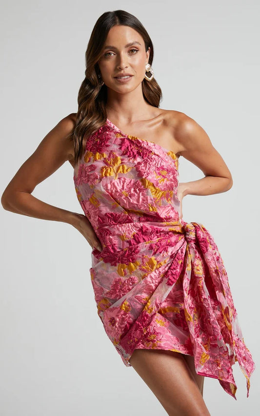 Damen Ein-Schulter Minikleid - Strukturiertes Blumenmuster & seitlicher Knoten