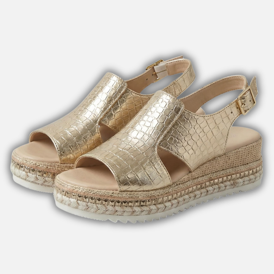 Women's wedge sandals with open toe – metallic finish with strap closure