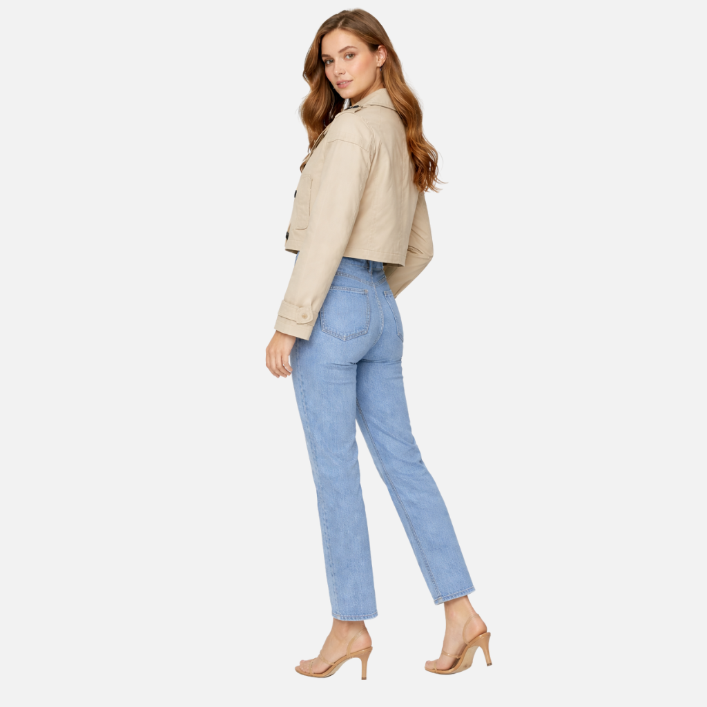 Trench corto da donna con colletto a risvolto e tasche