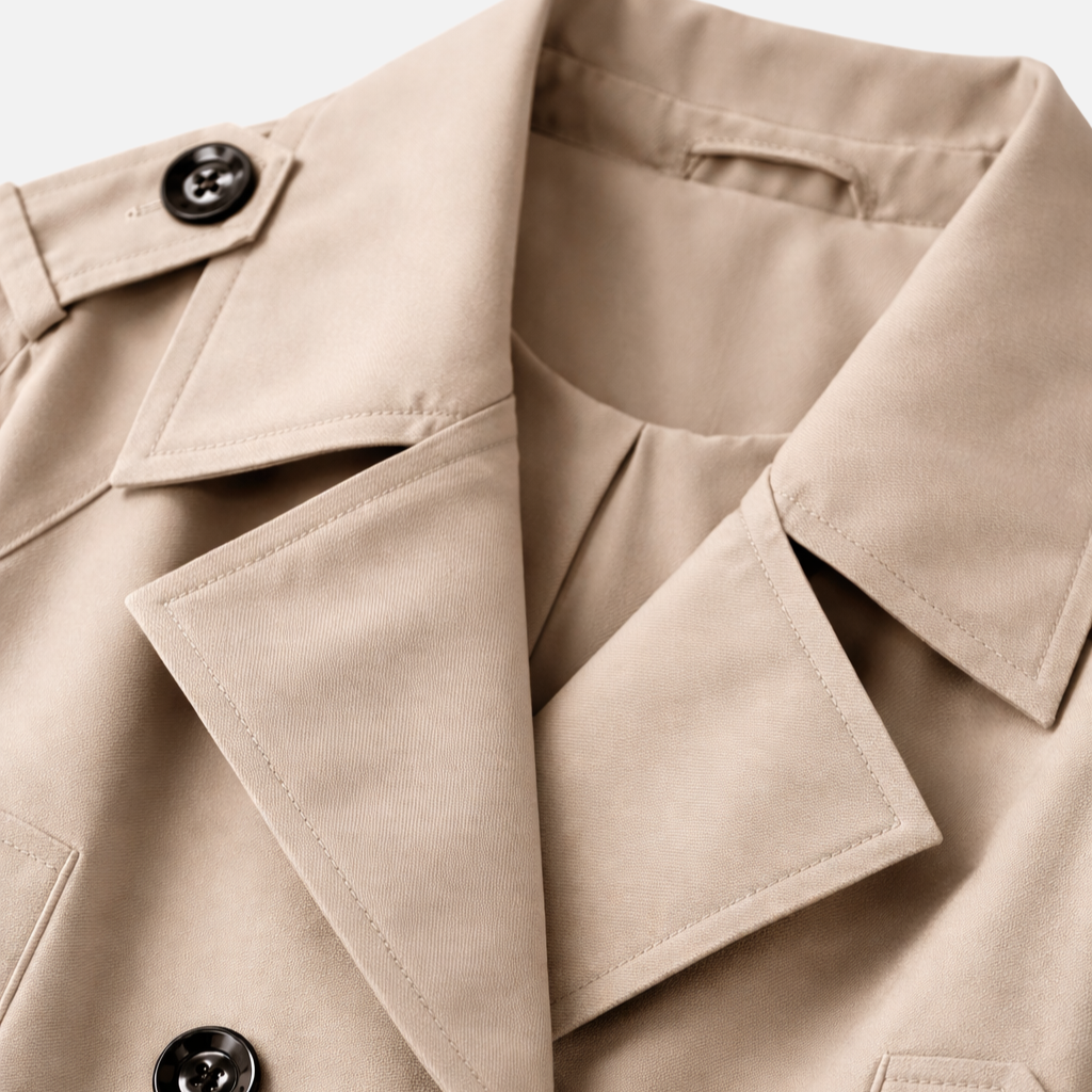 Trench corto da donna con colletto a risvolto e tasche