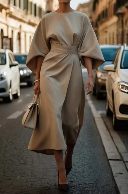 Damen Midikleid mit Gürtel - Dezente Oberfläche & A‑Linien‑Schnitt