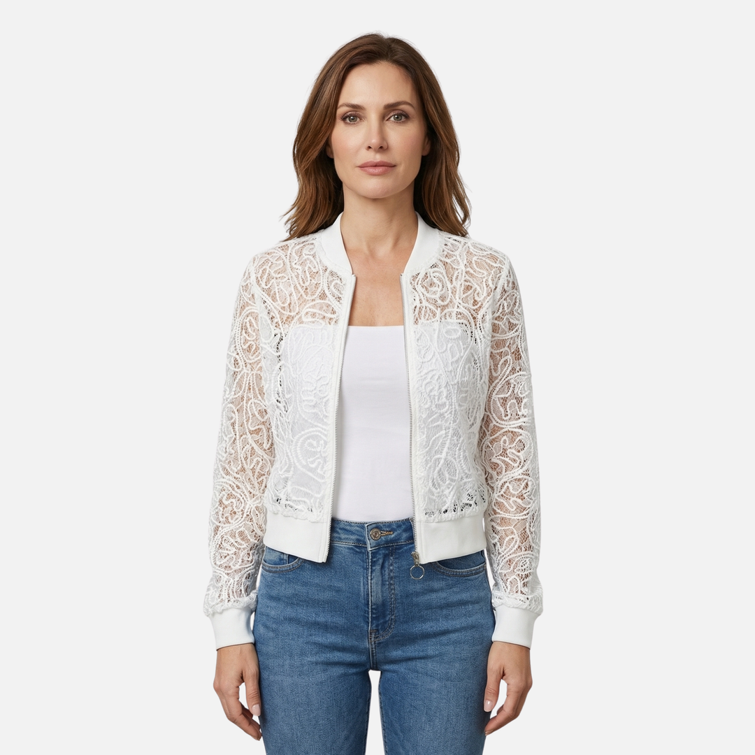 Γυναικείο δίχτυ μπουφάν με δαντελωτή κεντητική – Ελαφρύ cropped bomber