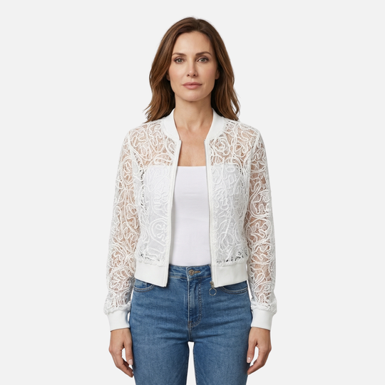 Γυναικείο δίχτυ μπουφάν με δαντελωτή κεντητική – Ελαφρύ cropped bomber