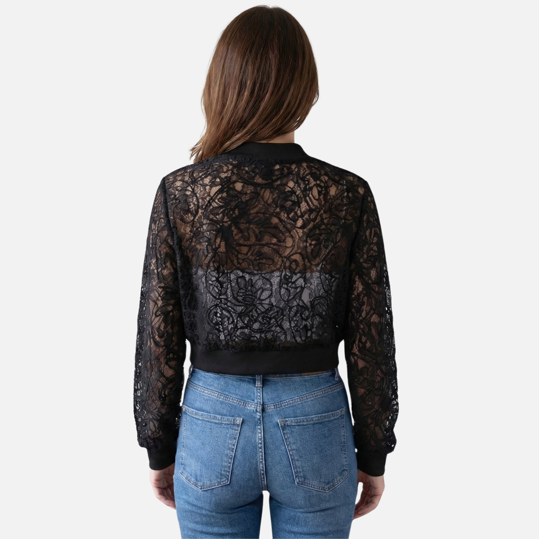 Γυναικείο δίχτυ μπουφάν με δαντελωτή κεντητική – Ελαφρύ cropped bomber