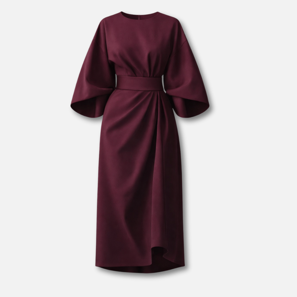 Dramatic lantern sleeve dress with waist belt for women