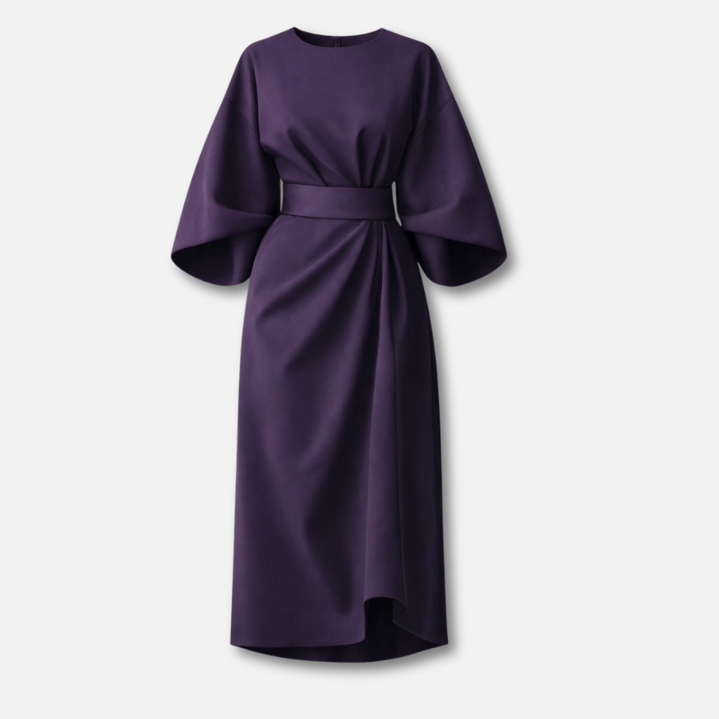 Dramatic lantern sleeve dress with waist belt for women
