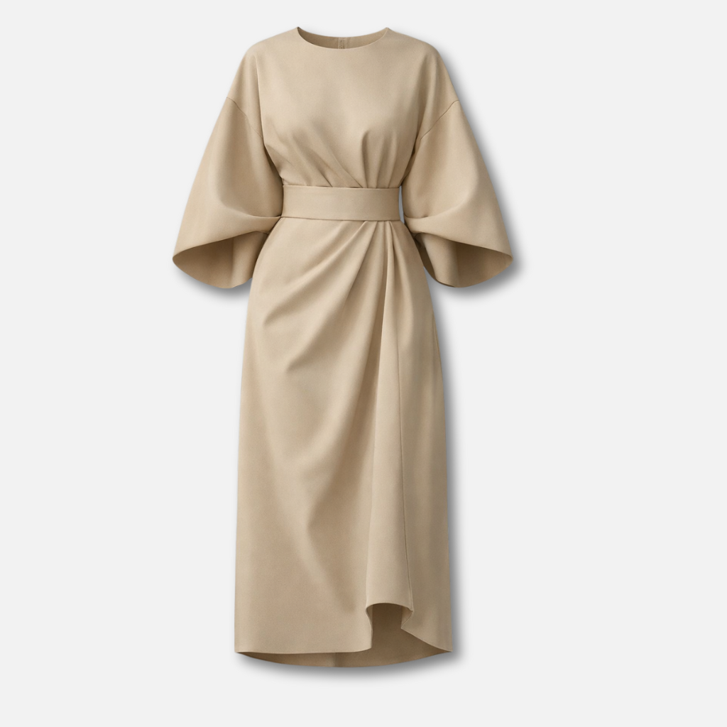 Dramatic lantern sleeve dress with waist belt for women