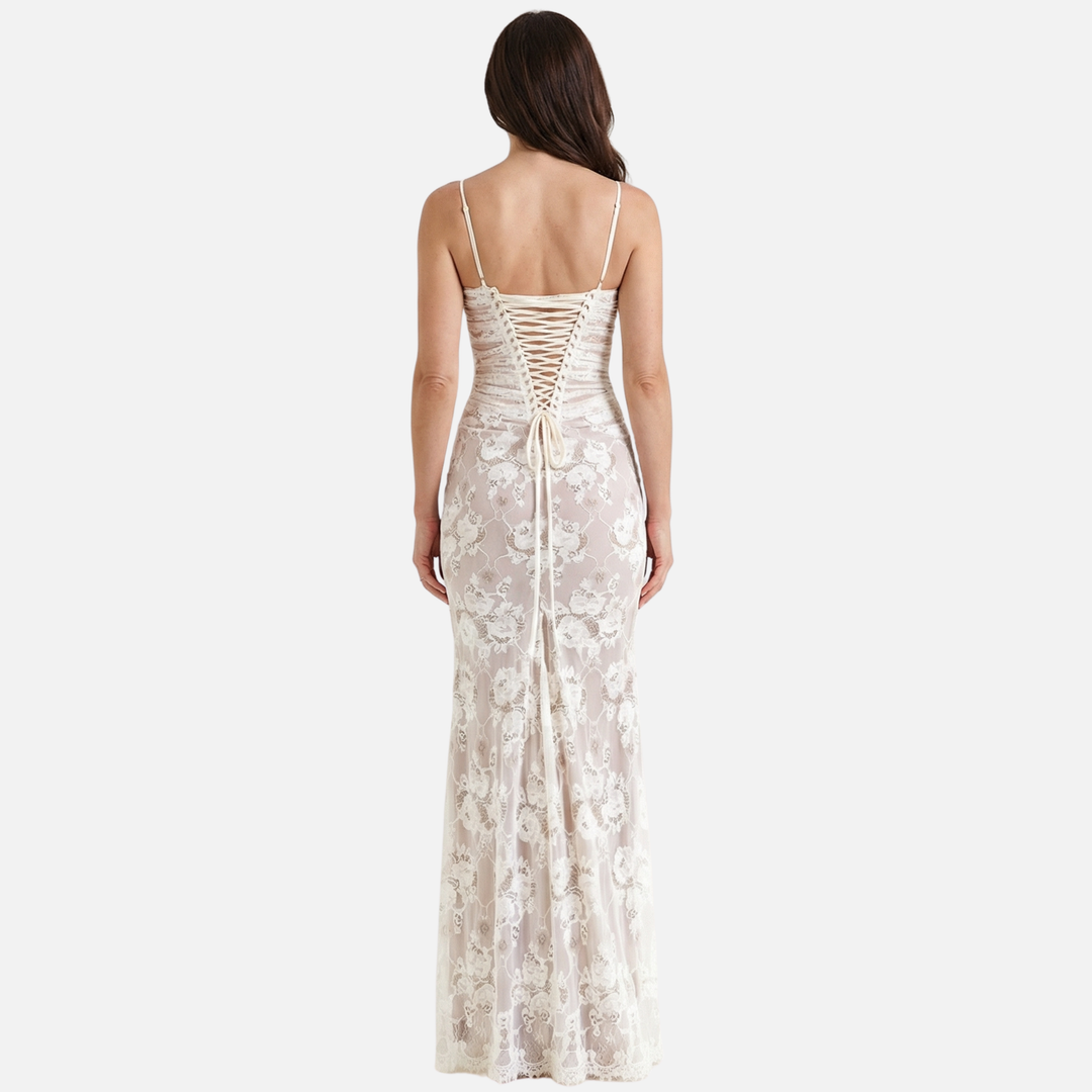 Abito in pizzo floreale trasparente con bustier a corsetto da donna