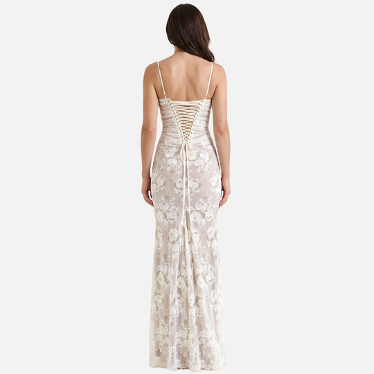 Abito in pizzo floreale trasparente con bustier a corsetto da donna