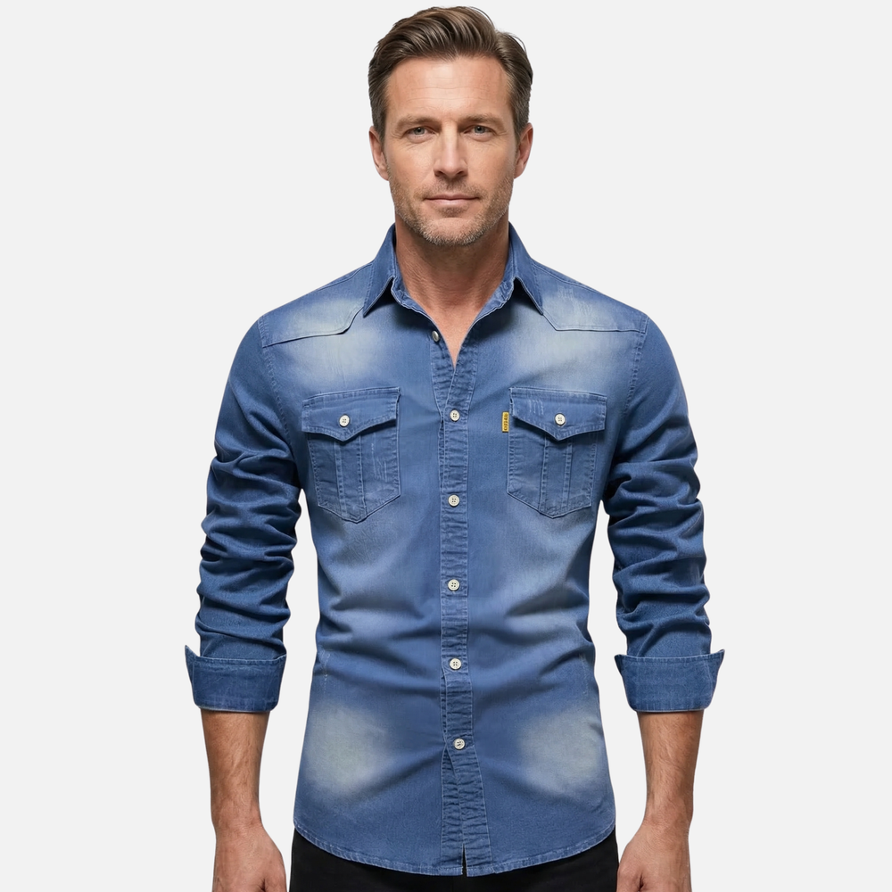 Cămașă slim-fit din denim elastic casual cu buzunare la piept pentru bărbați