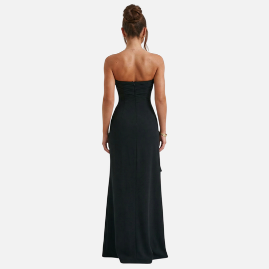 Elegante vestido maxi sin tirantes con drapeado y abertura lateral para mujer