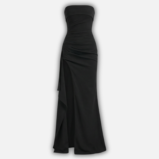 Elegante vestido maxi sin tirantes con drapeado y abertura lateral para mujer