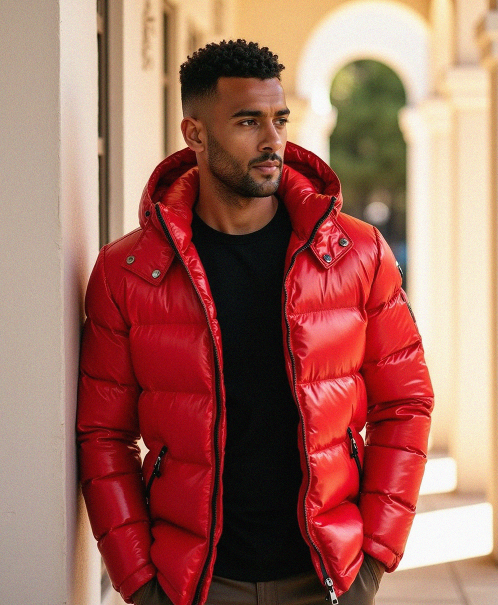 Glänzende Pufferjacke mit Oversized Kapuze für Männer