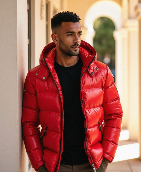 Glänzende Pufferjacke mit Oversized Kapuze für Männer