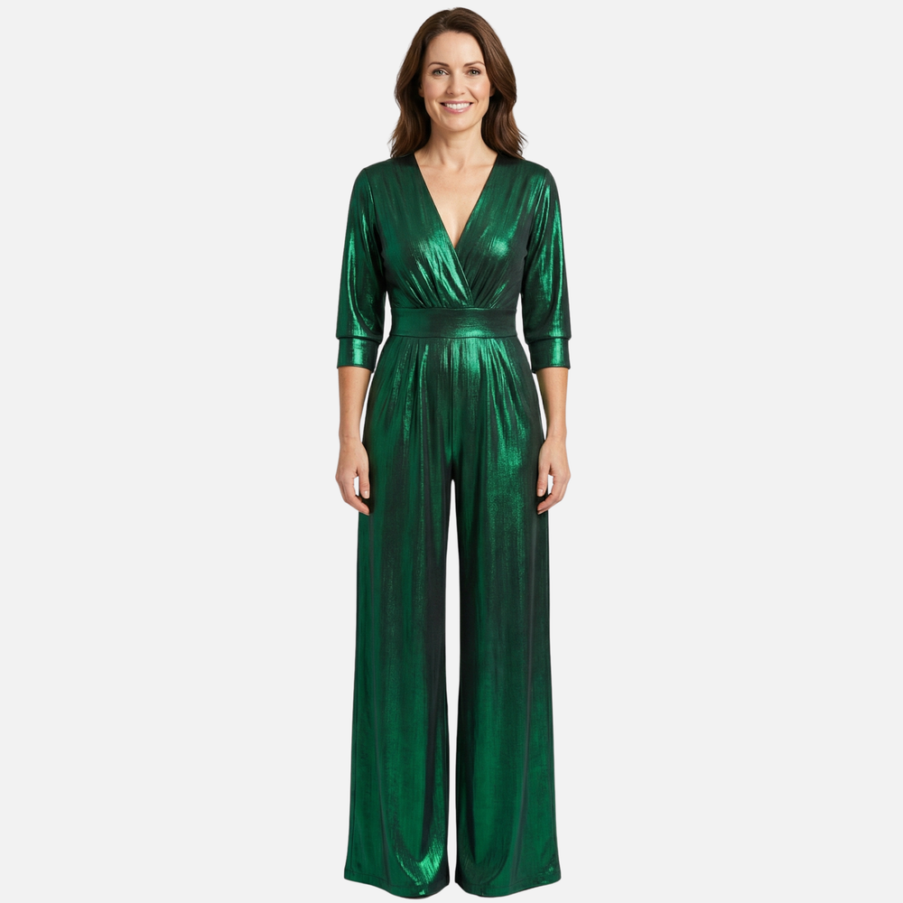 Jumpsuit lucente con scollo a V e maniche a 3/4 da donna