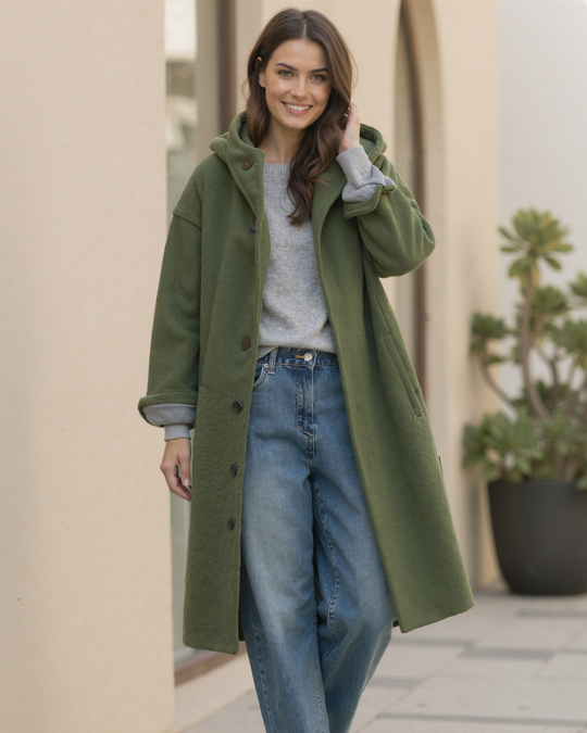 Cappotto invernale con cappuccio e chiusura a bottoni da donna