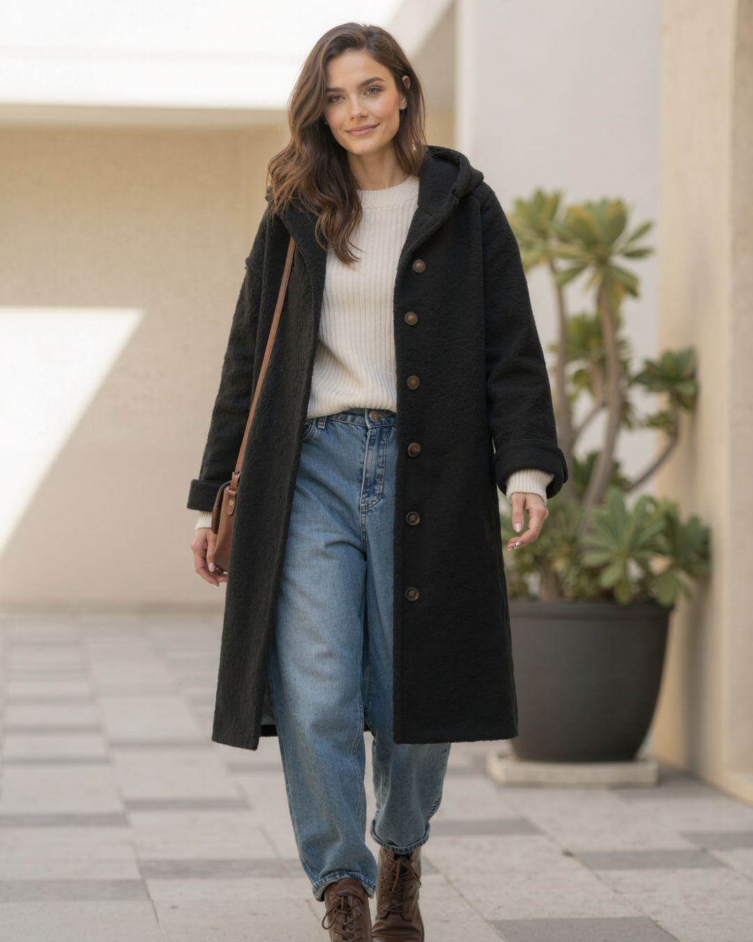 Cappotto invernale con cappuccio e chiusura a bottoni da donna