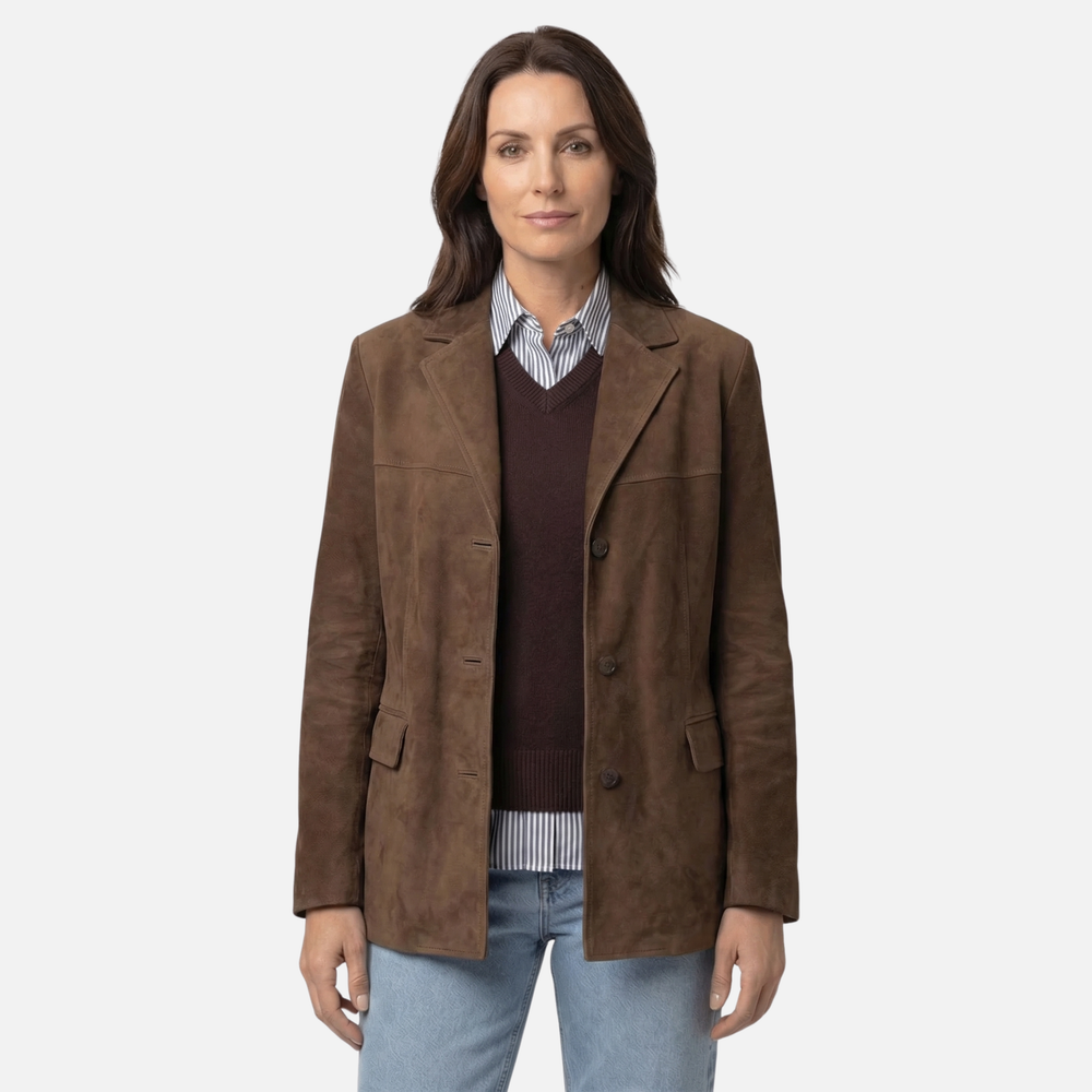 Palton casual de damă din piele întoarsă – croială lejeră cu rever lat