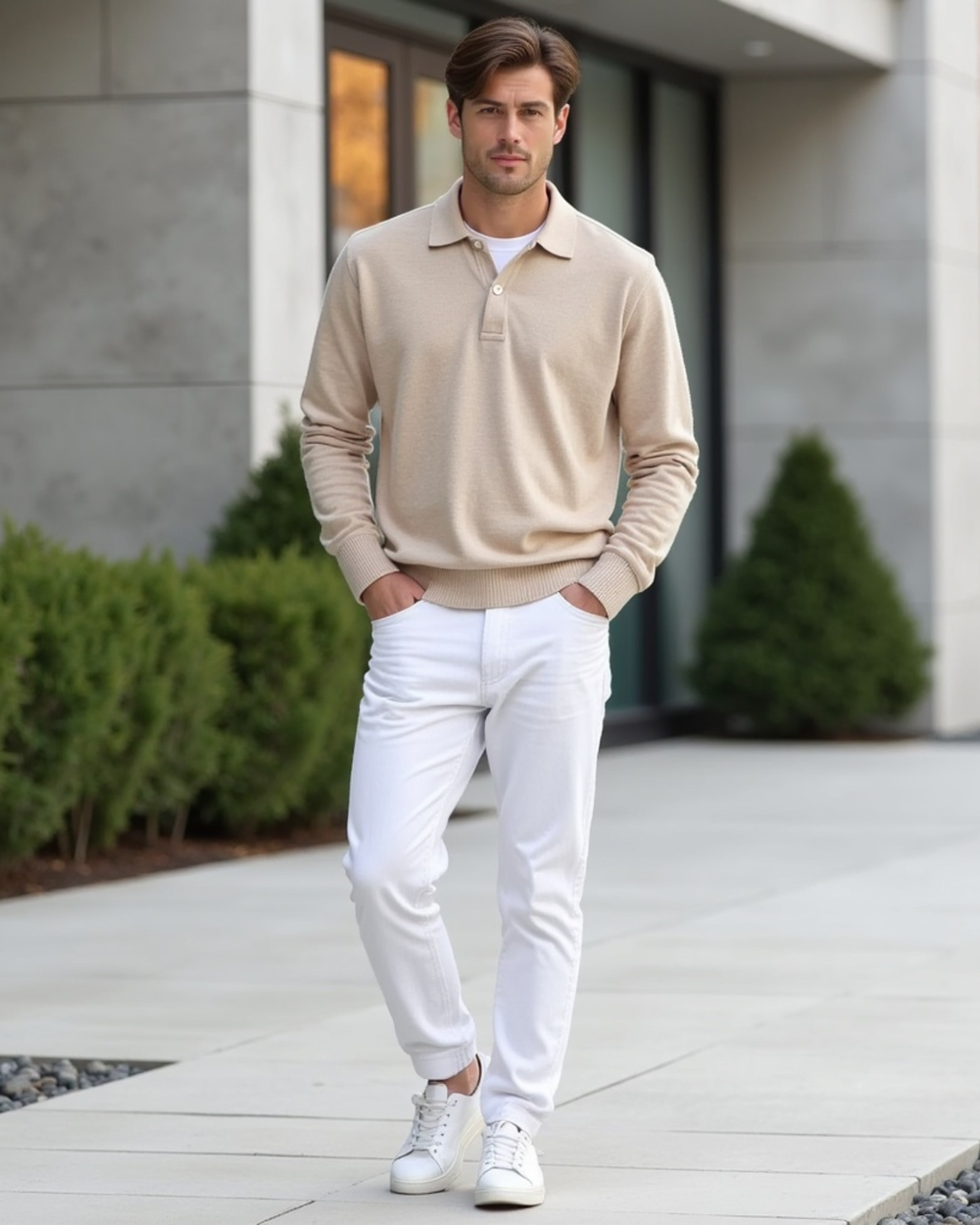 Langarm Polohemd mit Knopfleiste am Kragen für Männer