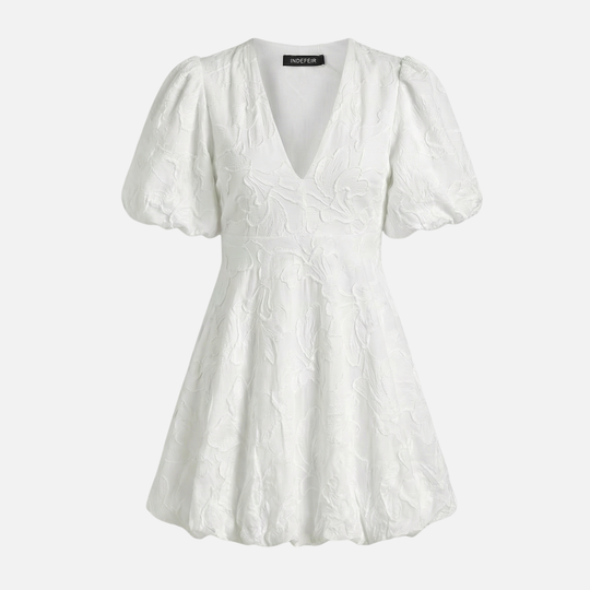 Rochie ușoară din jacquard cu flori – croială regulară cu mâneci bufante pentru femei