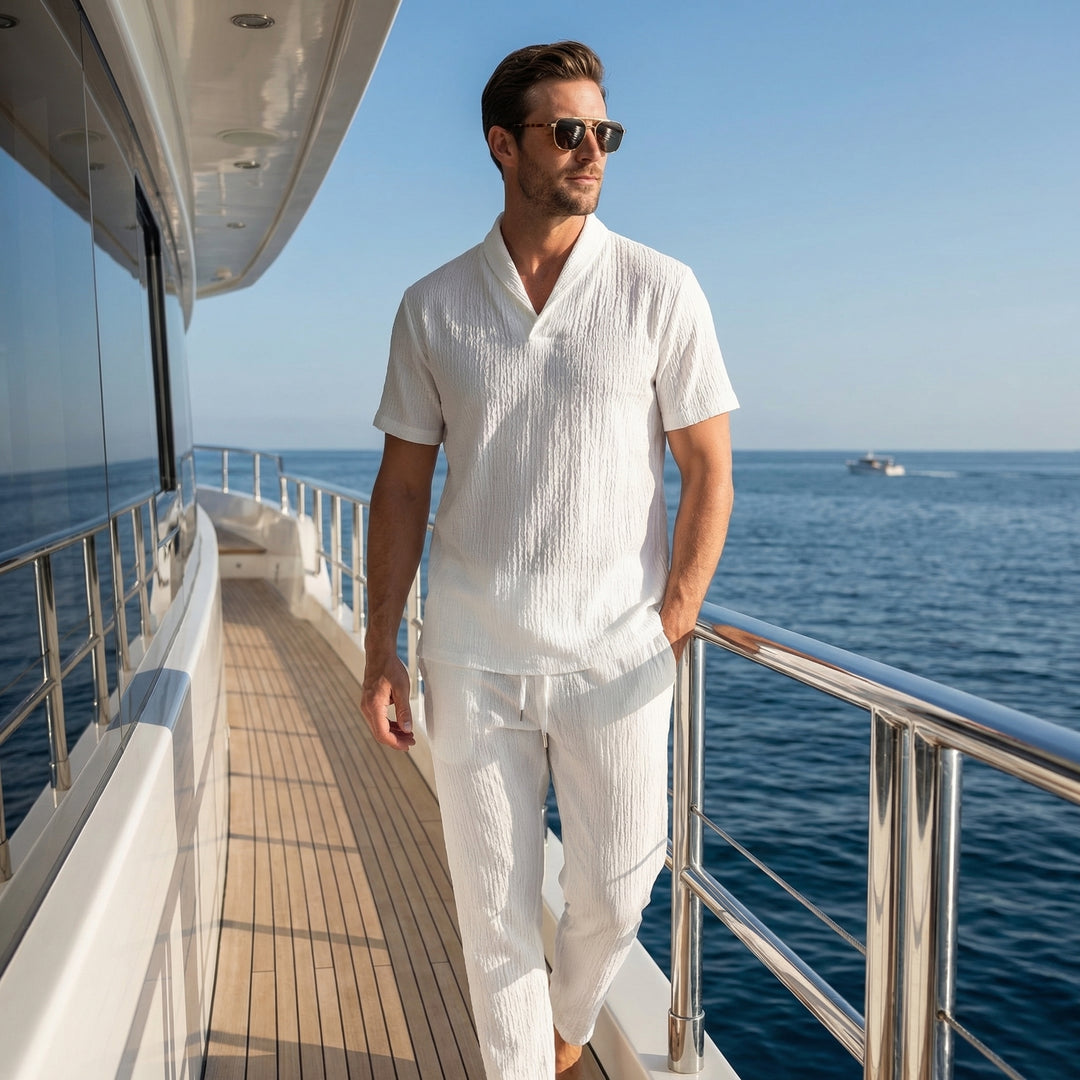 Set ușor de vară din in – cămașă cu mânecă scurtă și pantaloni cu șnur pentru bărbați