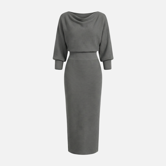 Abito midi a tubino in maglia leggero da donna con scollo a cascata