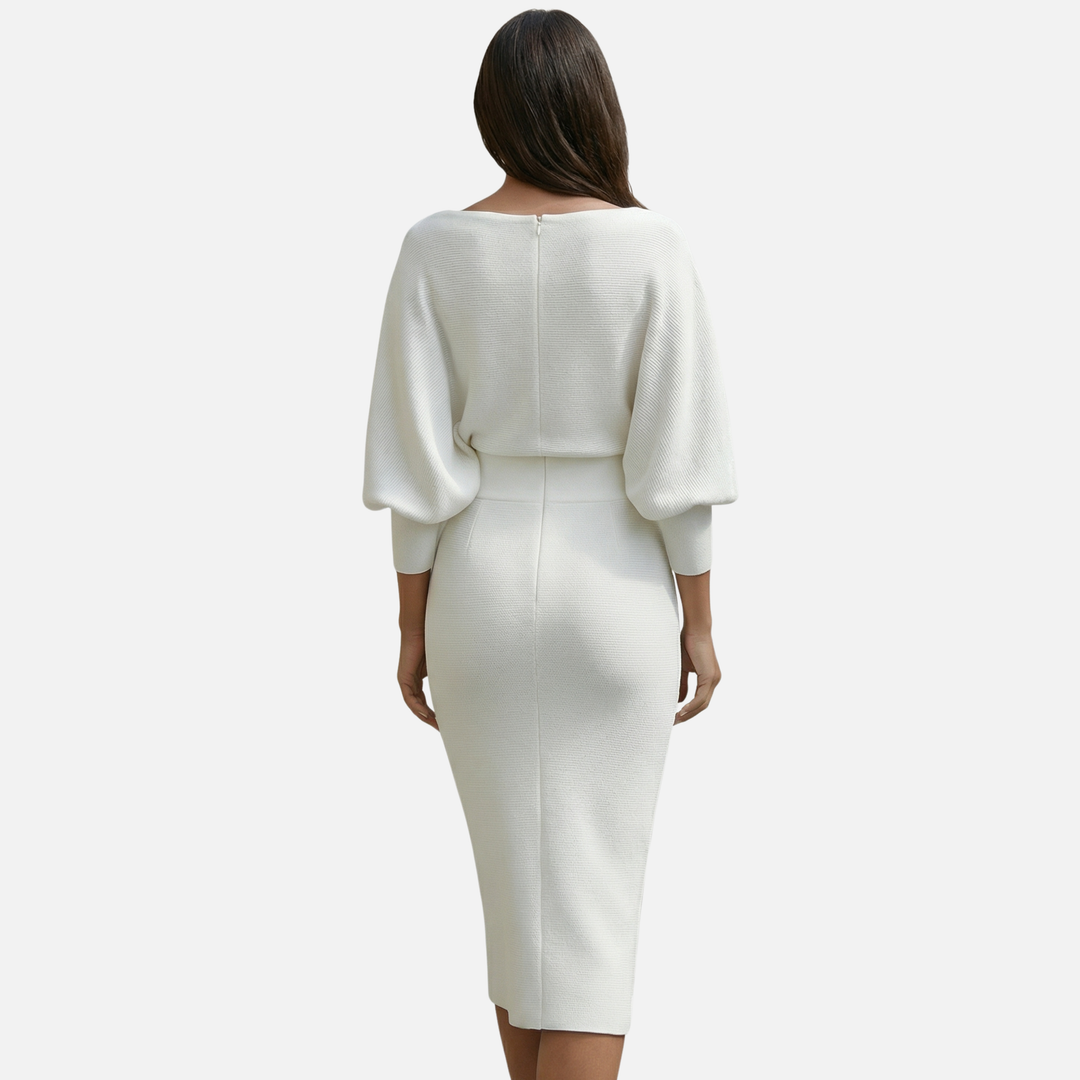 Abito midi a tubino in maglia leggero da donna con scollo a cascata