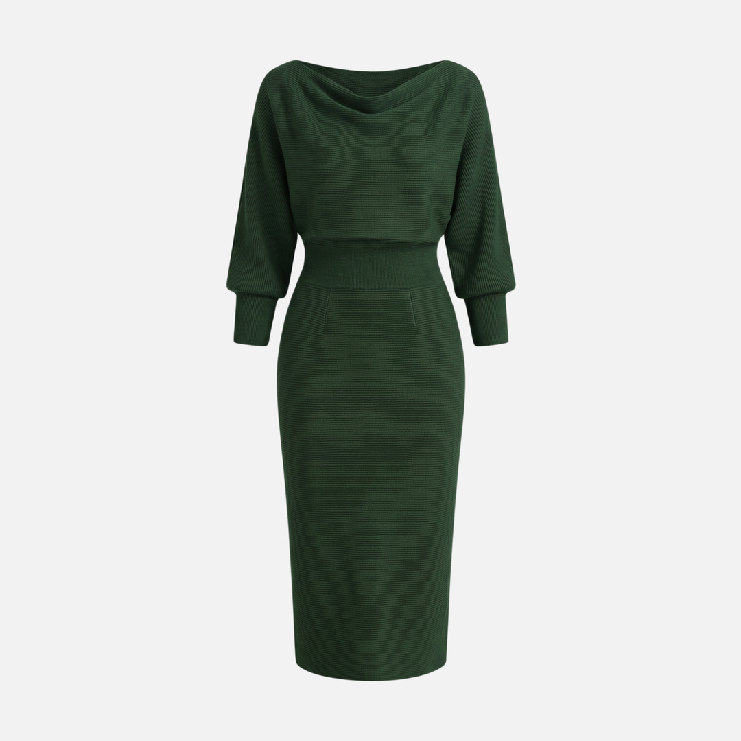 Abito midi a tubino in maglia leggero da donna con scollo a cascata