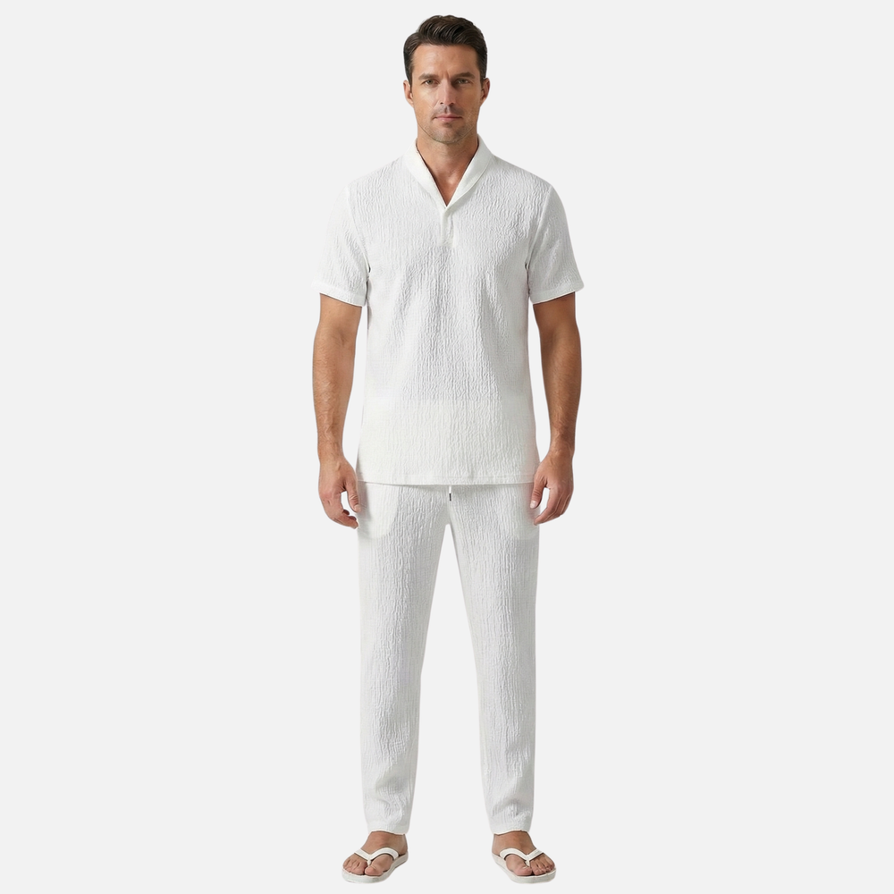 Conjunto ligero de lino para verano – camisa de manga corta y pantalón con cordón para hombre