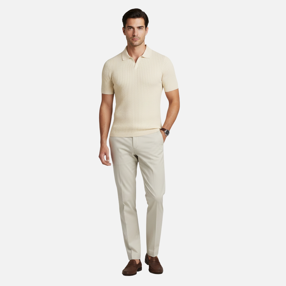 Rippstrick Polo Shirt mit V-Ausschnitt und Strukturkragen für Männer