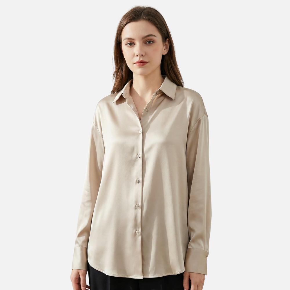 Blusa in raso da donna con maniche lunghe e polsini con bottoni