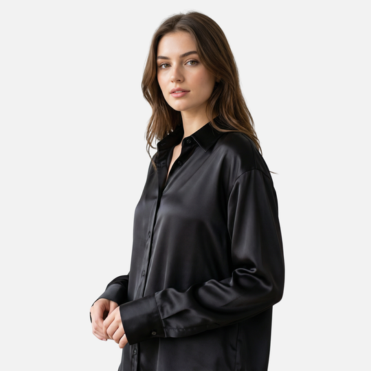 Blusa in raso da donna con maniche lunghe e polsini con bottoni