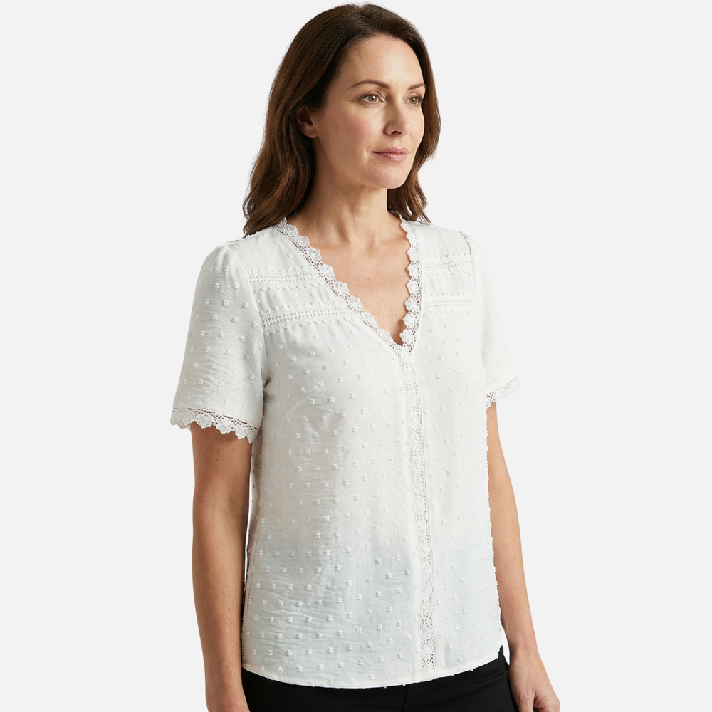 Blusa con scollo a V da donna con rifiniture in pizzo e pois in rilievo