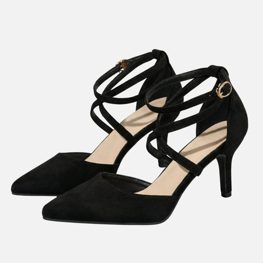 Wildleder Stiletto Pumps – Spitze Kappe mit Kreuzriemen & Schnalle