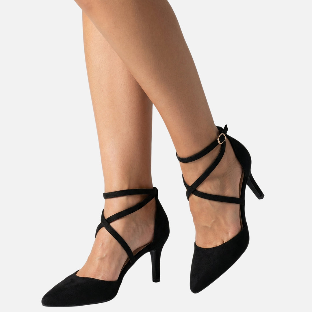 Wildleder Stiletto Pumps – Spitze Kappe mit Kreuzriemen & Schnalle